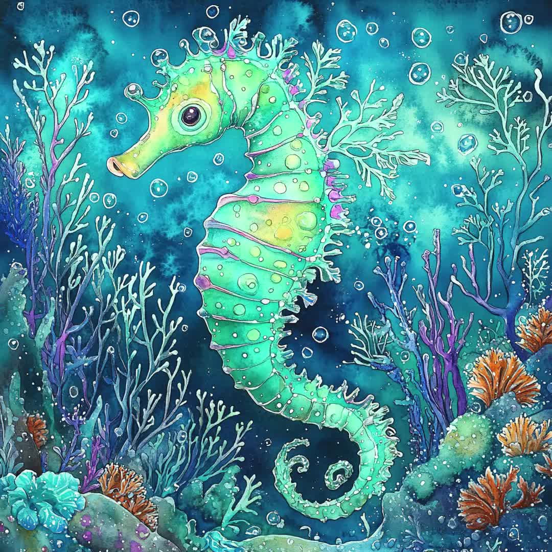 JPEG 水彩画 タツノオトシゴ グラフィック 水中イラスト サンゴ礁 海藻